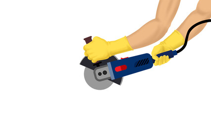 close-up of a hand wearing yellow latex gloves, using a circular grinder on a white background. Industrial or carpentry concept background. Frame for text or advertising.Illustration or vector style