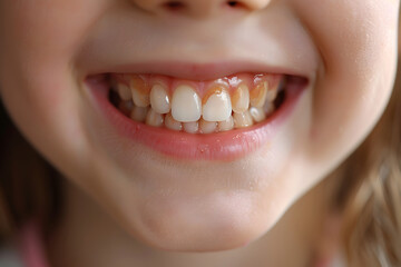child's smile close-up, bad, sick teeth, caries