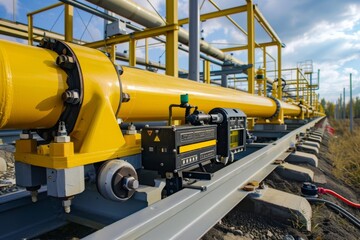 Contemporary Urban Setting with Yellow Car Driving on Asphalt Road. Modern city lifestyle concept