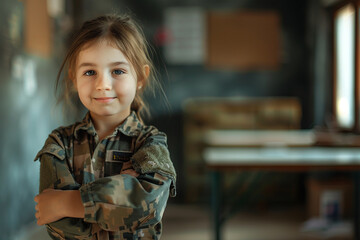 Fototapeta premium Back to school, A very happy Little girl kid in a army forces dress, school kid