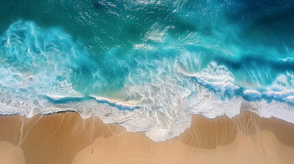 Obraz premium An aerial view of a beautiful beach with turquoise water crashing onto the white sandy shore
