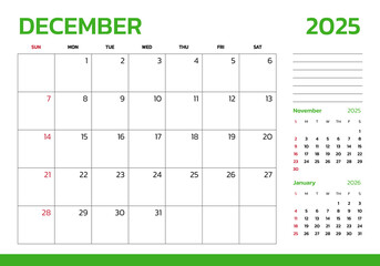 December 2025 Calendar. Week start on Sunday. Desk calendar 2025 design, simple and clean design, Wall calendar for print, digital calendar, Corporate design planner template vector.