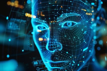 Fototapeta premium A futuristic, digital representation of a human face. The image is made up of lines and dots, creating a sense of technology and innovation.