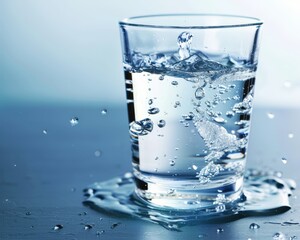 A glass of fresh, clear water with droplets splashing on a blue surface.