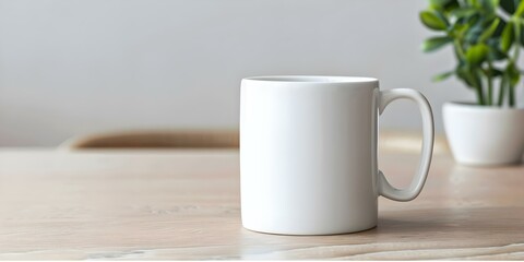 Fototapeta premium Realistic white blank mug mockup photo for branding and design presentations. Concept White Mug Mockup, Branding Presentation, Design Showcase, Realistic Look