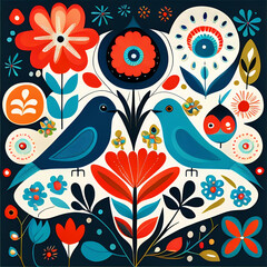 Fototapeta premium Amazing seamless floral pattern with bright colorful flowers and leaves on a dark blue background