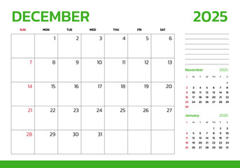 December 2025 Calendar. Week start on Sunday. Desk calendar 2025 design, simple and clean design, Wall calendar for print, digital calendar, Corporate design planner template vector.