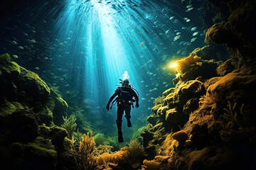 Obraz premium Silhouette of diver in underwater world. Generative Ai