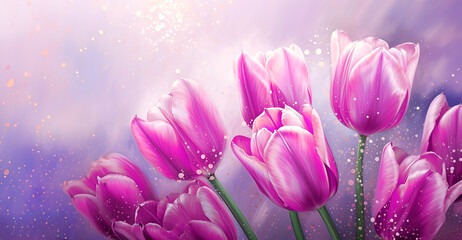 Obraz premium Tulips floral backgroun, panoramic image. Generative Ai