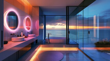 A luxurious bathroom with floor-to-ceiling windows offering a breathtaking ocean view at sunset. 