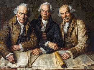 Enlightened Founders: Portrayal of Intelligence and Determination in a Historic Oil Painting