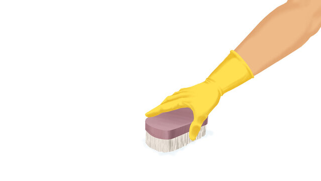 close-up of a hand wearing yellow latex gloves, using scrub brush on a white background. Cleaning or housekeeping concept background. Frame for text or advertising.Illustration or vector style