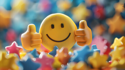 Obraz premium Smiley face surrounded by positive symbols, thumbs-up gestures, stars, and happy emoticons Feedback rating and customer satisfaction, positive experiences and reviews