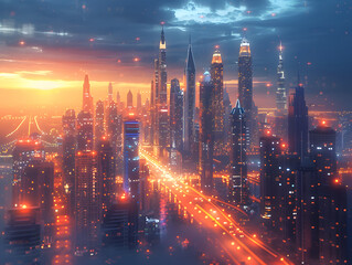 Fototapeta premium a city's skyline at night, bathed in the glow of towering skyscrapers and illuminated streets.