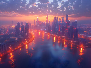 Fototapeta premium a city's skyline at night, bathed in the glow of towering skyscrapers and illuminated streets.