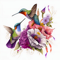 Obraz premium Hummingbird flower in purple-pink floral illustration