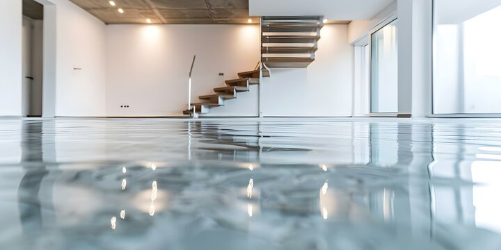 Detailed shot of upgraded basement floor waterproofing with staircase in background. Concept Basement Flooring, Waterproofing, Upgraded Interiors, Detailed Shots, Staircase Design