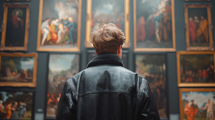 Obraz premium Art Historian Studying Baroque Paintings in an Ornate Gallery
