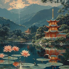 Obraz premium Tranquil Pagodas by the Lake