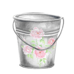 watercolor illustration of a rustic metal bucket filled with an assortment of vibrant, blooming flowers. The combination of the rugged texture of the bucket and the soft floral motif creates a