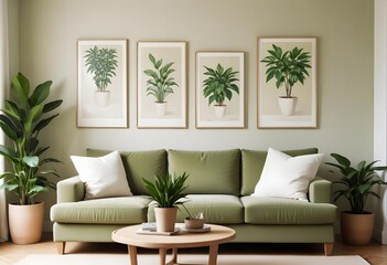 A cozy living room with a beige sofa, potted plants, and blank canvases on the wall. 3D render