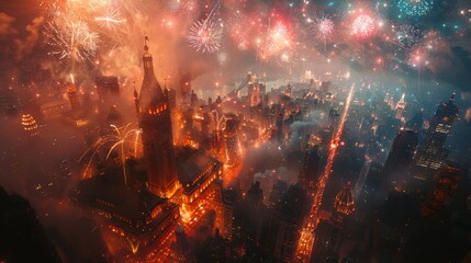 Sparkling Fourth of July Night: Aerial View of Festive Fireworks Display and Celebrating Crowds