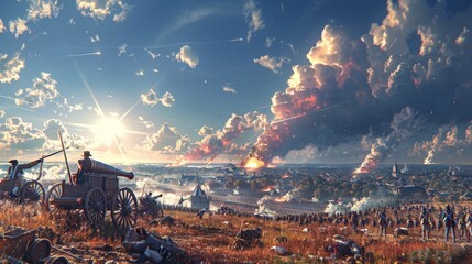 Revolutionary War Drama: Epic Worm's-eye Battle Scene with Soldiers and Cannons