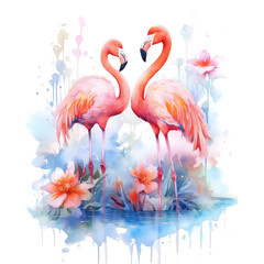 Flamingo with flowers and birds 