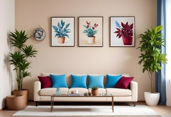 A cozy living room with a beige sofa, potted plants, and blank canvases on the wall. 3D render