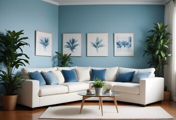 A cozy living room with a beige sofa, potted plants, and blank canvases on the wall. 3D render