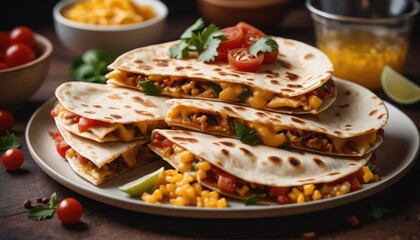 Mouthwatering quesadillas featuring a blend of melted cheese, chicken, and fresh vegetables, beautifully plated with a garnish of lime and cilantro