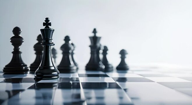 Chess game playboard. Dramatic chessboard setup with focused light on the king. Chess strategy scene with pieces lined up in reflective surface. Contemplative game of chess displayed on glossy board	

