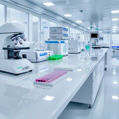 Modern scientific laboratory with advanced equipment, microscopes, and test tubes for research and experimentation.