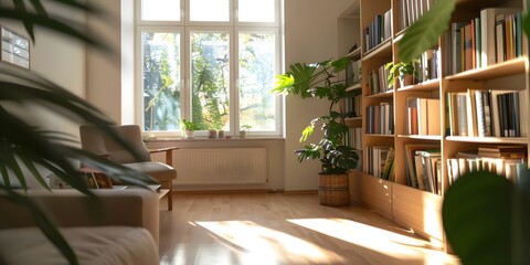 Fototapeta premium Cozy living room with bookshelves wooden cabinet and clean bright design. Concept Living Room Decor, Bookshelves, Wooden Furniture, Clean Design, Cozy Ambiance