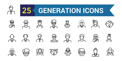 Generation icons set. Outline set of generation vector icons for ui design. Outline icon collection. Editable stroke.
