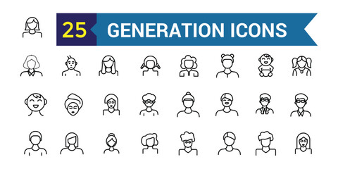 Generation icons set. Outline set of generation vector icons for ui design. Outline icon collection. Editable stroke.
