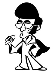 man with pompadour hairstyle wearing sunglasses and sixties singer uniform, singing and dancing with microphone at concert. Best for outline, logo, and coloring book with musical themes