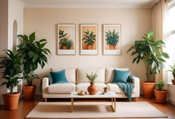 A cozy living room with a beige sofa, potted plants, and blank canvases on the wall. 3D render