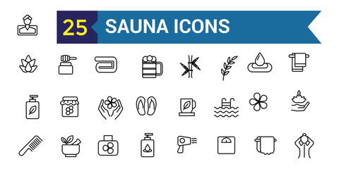 Sauna icons set. Outline set of sauna vector icons for ui design. Outline icon collection. Editable stroke.