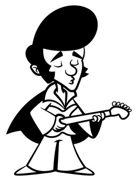 recommend clip art: man with pompadour hairstyle wearing sixties singer uniform. playing rock and roll music with electric guitars. Best for outline, logo, and coloring book with musical themes
