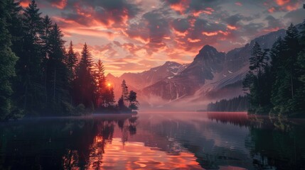 Serene Sunset at Mountain Lake with Vibrant Sky Reflections