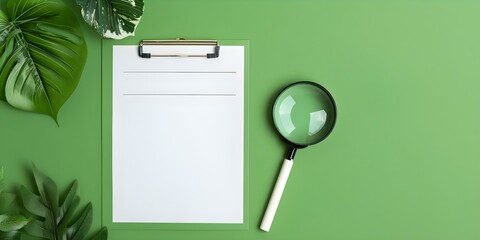 Business assignments completed successfully on green background with magnifying glass and checklist. Concept Business Assignments, Green Background, Magnifying Glass, Checklist, Success