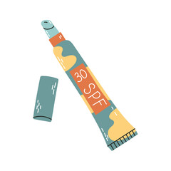 Lip treatment with sun protection. Sunscreen for lips. Balm, lipstick, shine, butterstick. Packaging, bottle, tube. Vector illustration isolated on white background in hand drawn style