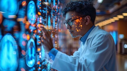 Obraz premium A medical professional using AI to track brain tumor growth and response to treatment, isolated on a white background. 