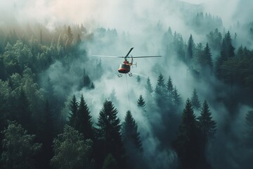 A fire helicopter uses copy space to put out a forest fire. Generative Ai