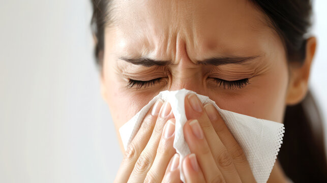 Sick young woman sitting indoors holding tissue handkerchief blowing running nose feels unwell unhealthy.Generative AI
