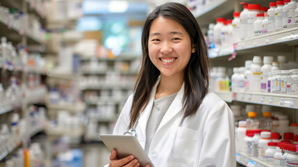portrait of Smiling pharmacist standing in drug store.Generative AI