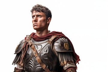 Fototapeta premium Ancient Roman soldier on a white background. Topics related to ancient Rome. Combat in ancient Rome. Historical reconstitution. Eternal Rome. Ancient Rome video games. Isolated image. 