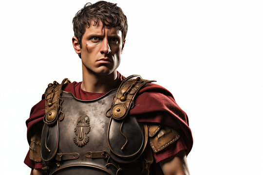 Ancient Roman soldier on a white background. Topics related to ancient Rome. Combat in ancient Rome. Historical reconstitution. Eternal Rome. Ancient Rome video games. Isolated image. 