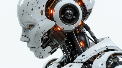 Fototapeta premium A medical robot performing delicate brain surgery with AI guidance, isolated on a white background. 